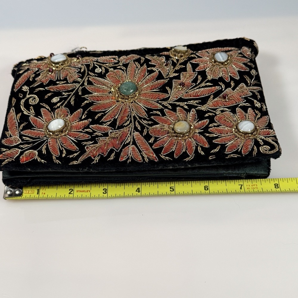 Vintage Evening Handbag Floral Embroidered & Gemstones Clutch Purse FLAW - Picture 15 of 16